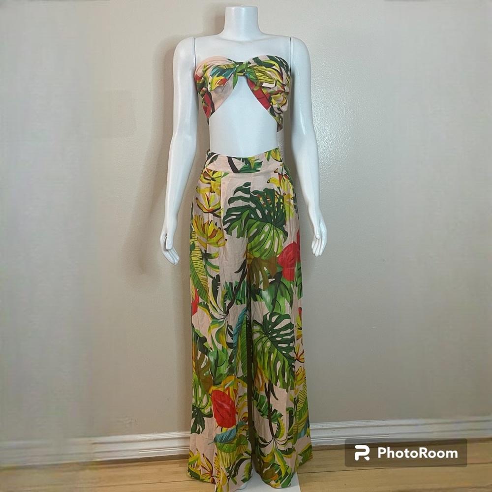 Tropical print bandeau smocked back bow crop top high waisted wide leg pants set